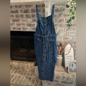Button-Front Denim Overall Dress in Dark Blue